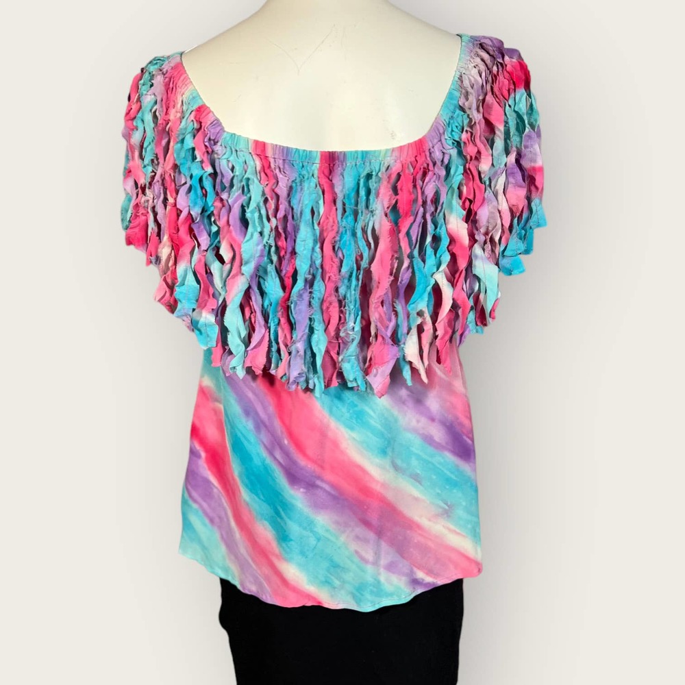 Vintage Silk Top (S) Off-Shoulder Fringe "B. Grisham" 80s - Picture 4 of 7